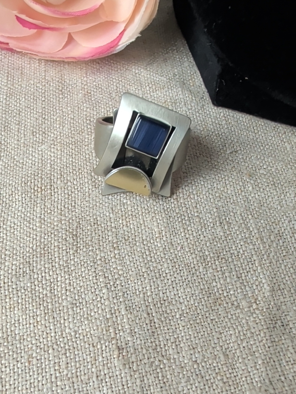 Christophe Modernist Art Deco Ring Blue Cabochon Pewter Tone Size 6.5 Signed